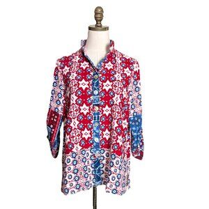 John Mark Colorful Floral Artsy Cinch Sleeve Wired Collar Tunic Top Women's PM